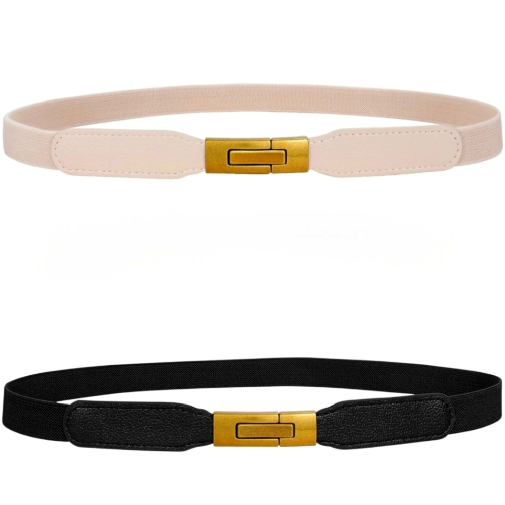 2 Pack Women Skinny Elastic Belt Gold Buckle New